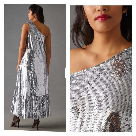 MAEVE Anthropologie One Shoulder Sequin Ruffle Maxi Dress Silver Medium NWT - Picture 4 of 11